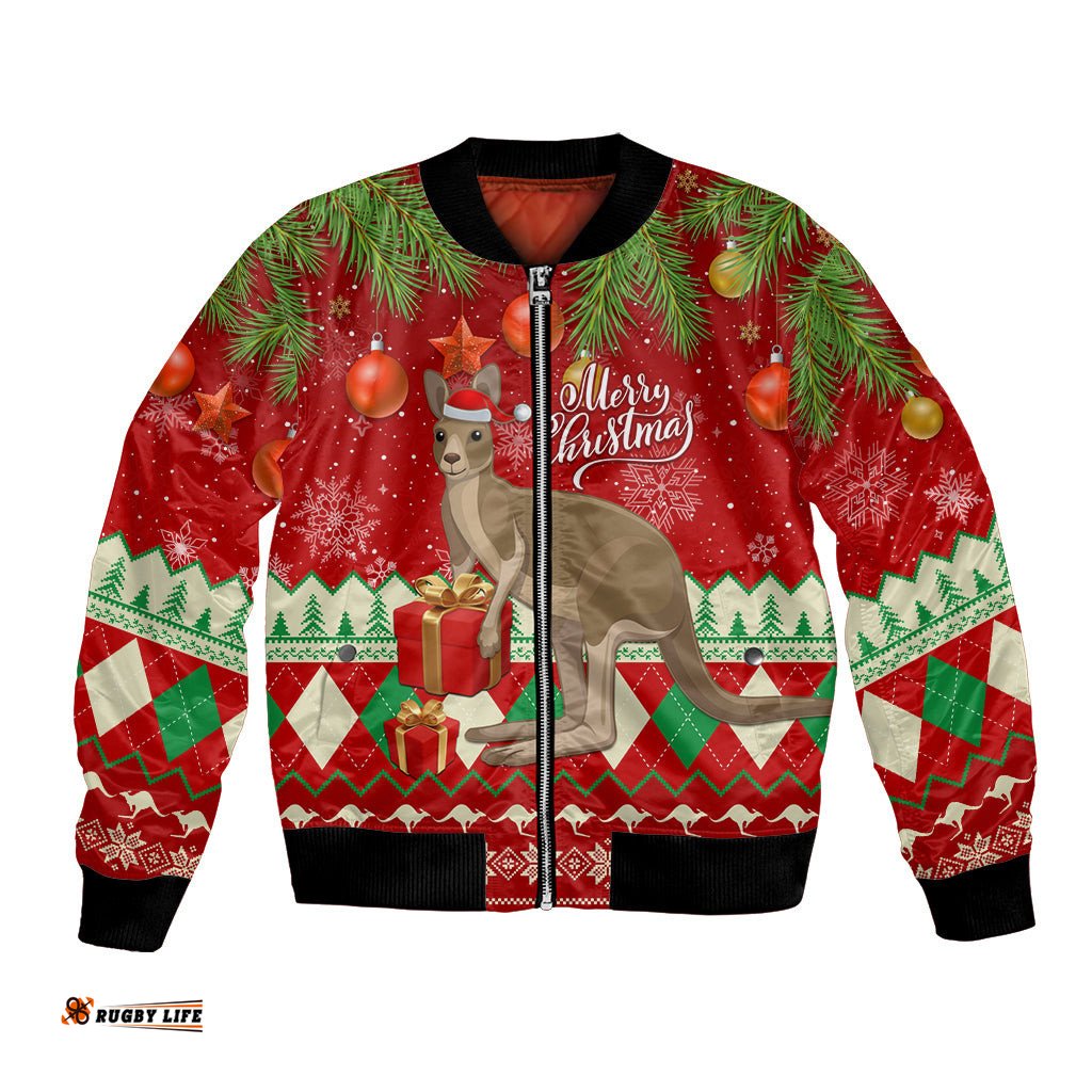 Australia Christmas Bomber Jacket Aussie Kangaroo Santa Merry Xmas