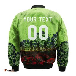 Canberra Raiders Bomber Jacket Personalized Aboriginal Rugby Anzac Day Poppy With Soldiers - NRL
