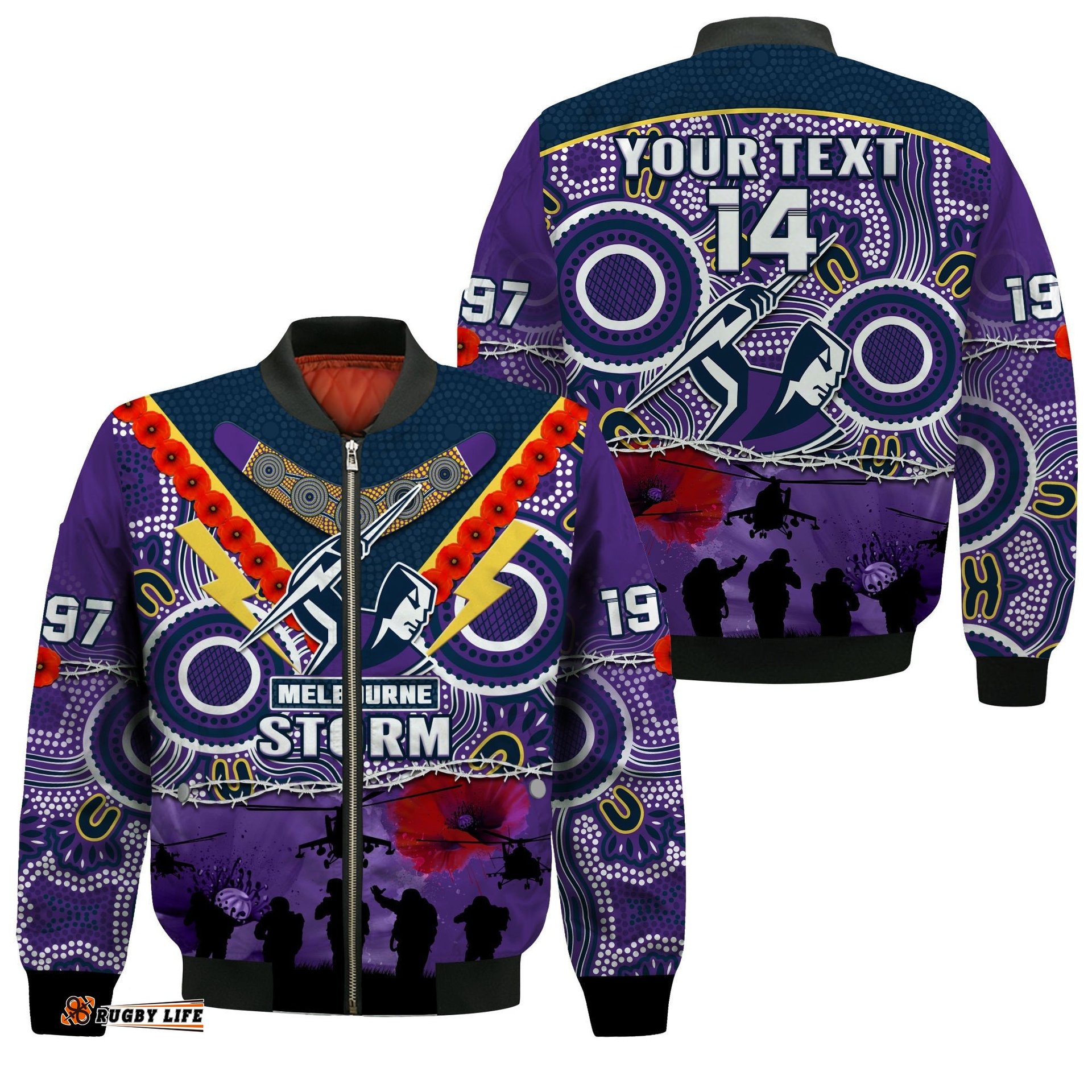 Custom Text And Number Melbourne Storm Rugby ANZAC Bomber Jacket Indigenous Poppy Australian Army