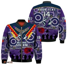 Custom Text And Number Melbourne Storm Rugby ANZAC Bomber Jacket Indigenous Poppy Australian Army