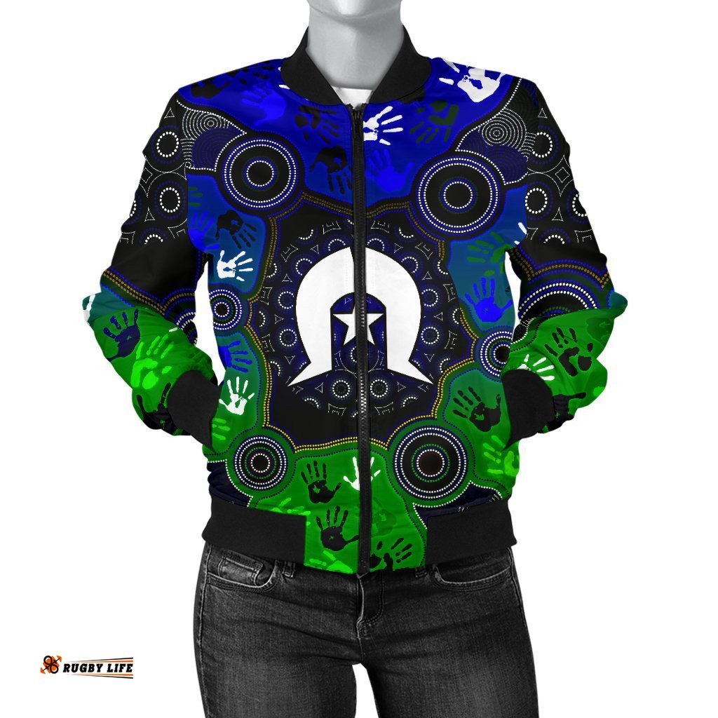 Aboriginal Women's Bomber Jacket- Torres Strait Symbol With Indigenous Patterns
