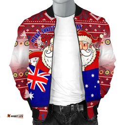 Christmas Men's Bomber Jacket - Australia Santa Claus Hold The Flag  Red