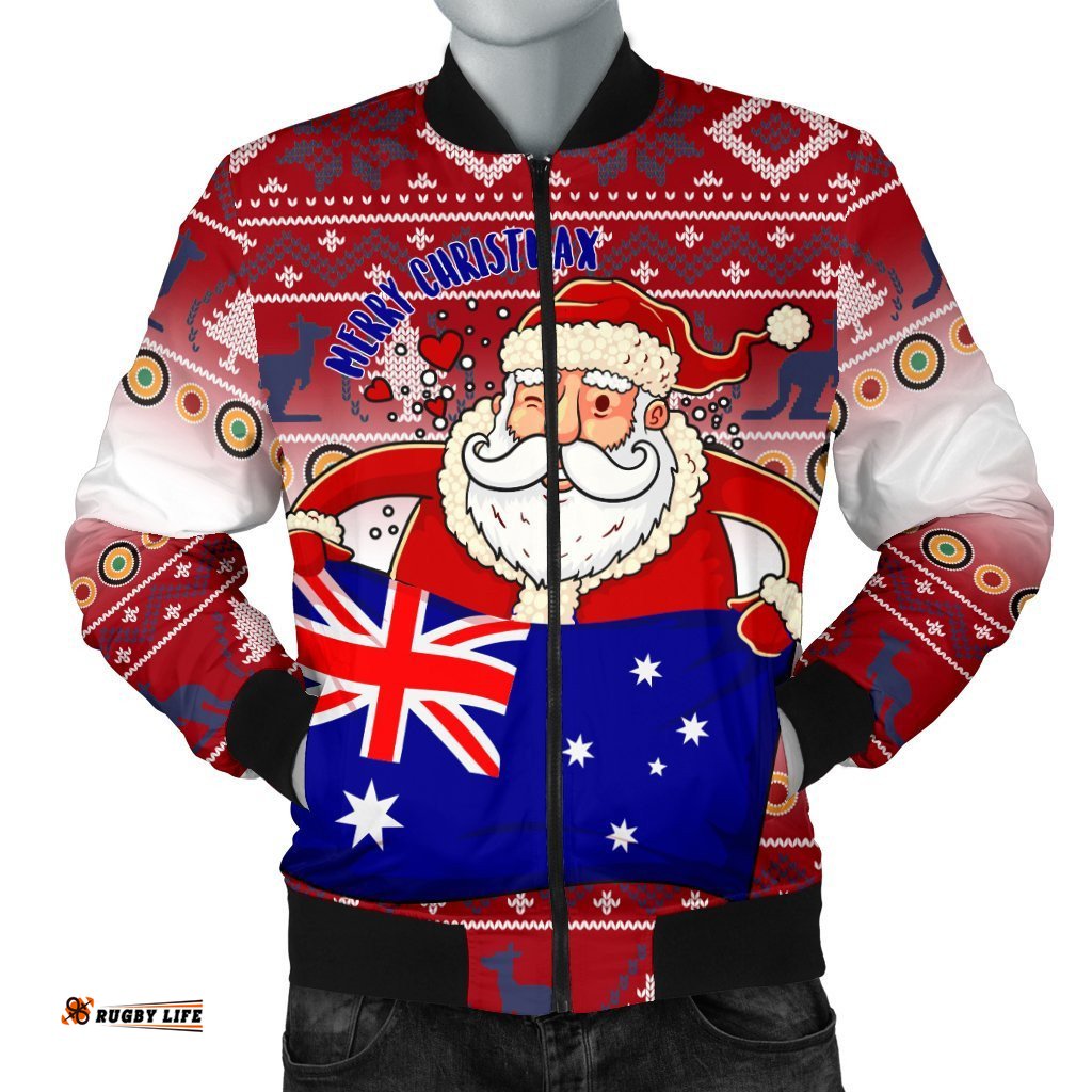 Christmas Men's Bomber Jacket - Australia Santa Claus Hold The Flag  Red
