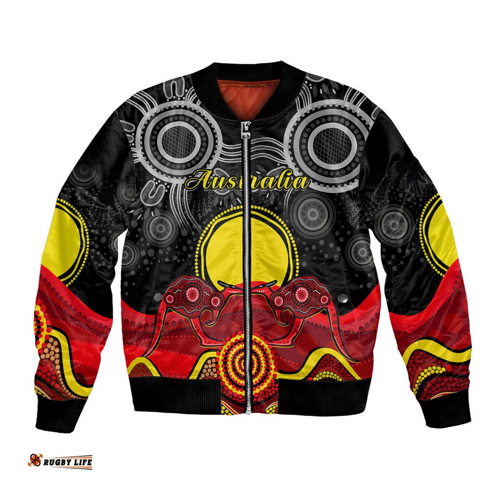 Custom Personalised Australian Indigenous Bomber Jacket Kangaroos Circle Aboriginal Art