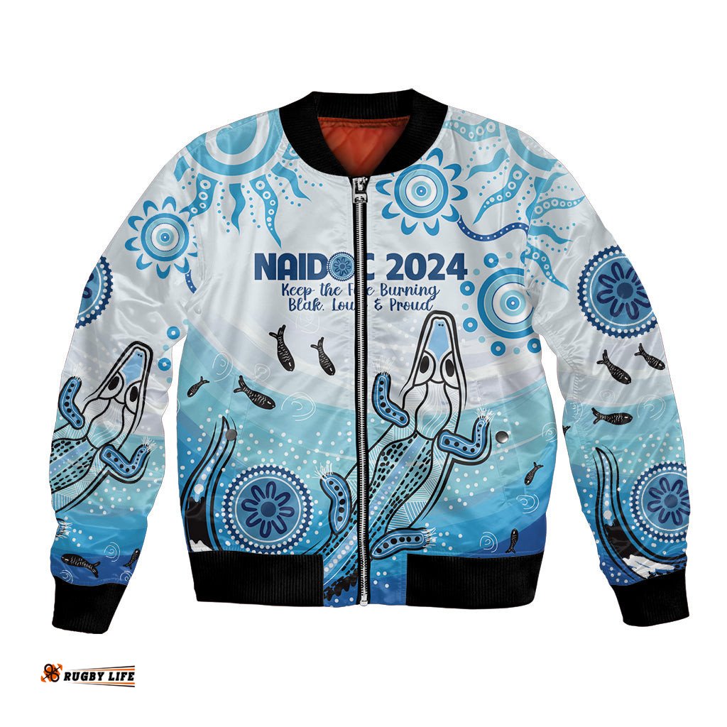 Personalised Keep the Fire Burning NAIDOC 2024 Bomber Jacket Aboriginal Dot with Crocodile
