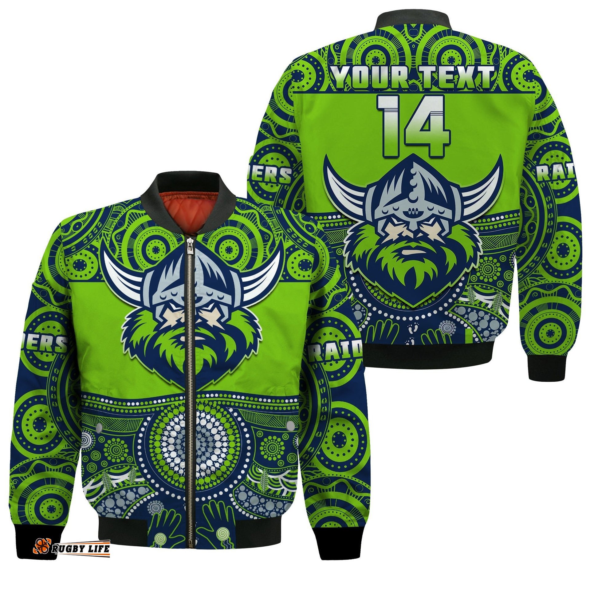 Custom Text And Number Raiders Rugby Bomber Jacket Aboriginal Pattern