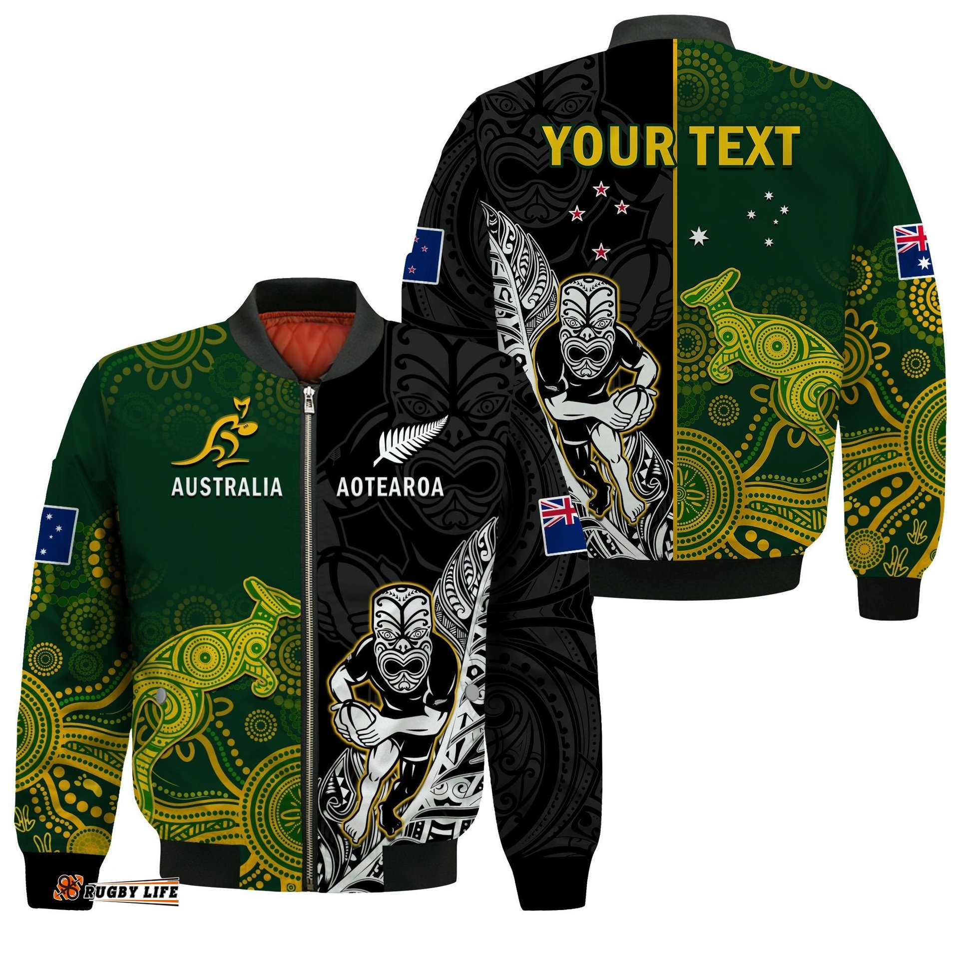 Custom Personalised Australia Rugby Mix Aotearoa Rugby Bomber Jacket Wallabies All Black Special Version