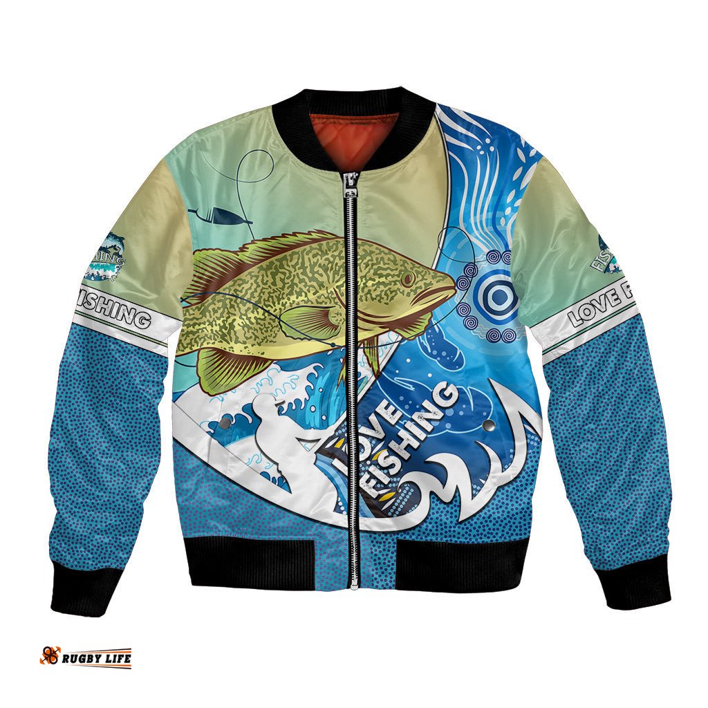 Australia Fishing Bomber Jacket Love Fishing Murray Cod In Aboriginal Art Patterns