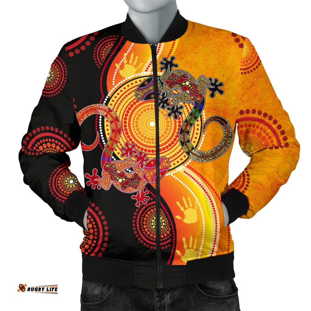 Aboriginal Men's Bomber Jacket - Couple Aboriginal Lizards