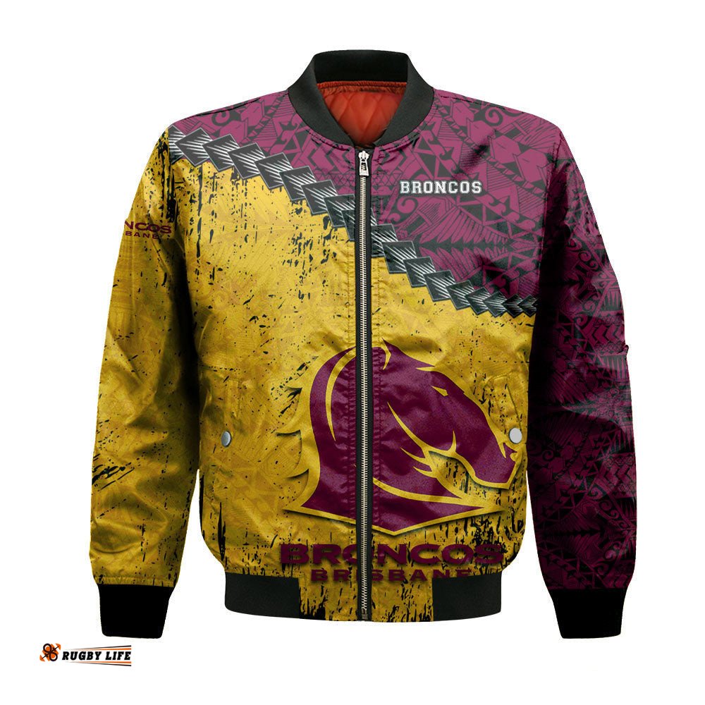 Brisbane Broncos Bomber Jacket Grunge Polynesian Tattoo - NRL