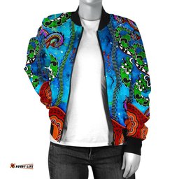 Aboriginal Women's Bomber Jacket - Aussie Indigenous Patterns Blue