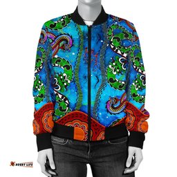 Aboriginal Women's Bomber Jacket - Aussie Indigenous Patterns Blue