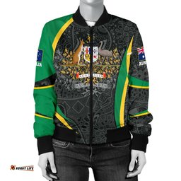 Aboriginal Bomber Jacket Women, Australia Coat of Arms - Aussie Spirit Green