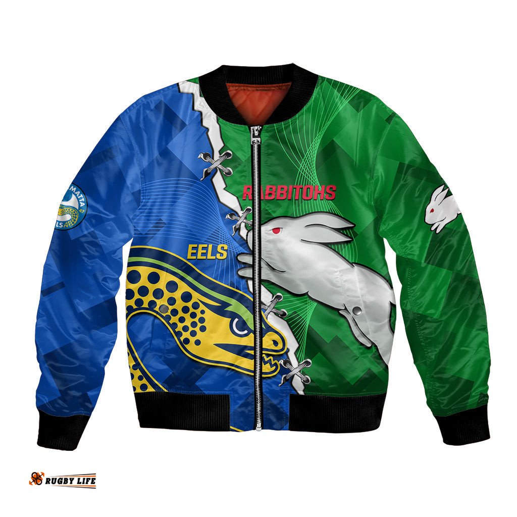 Custom Personalised Rabbitohs Mix Eels Rugby Bomber Jacket Souths And Parra Sporty Style
