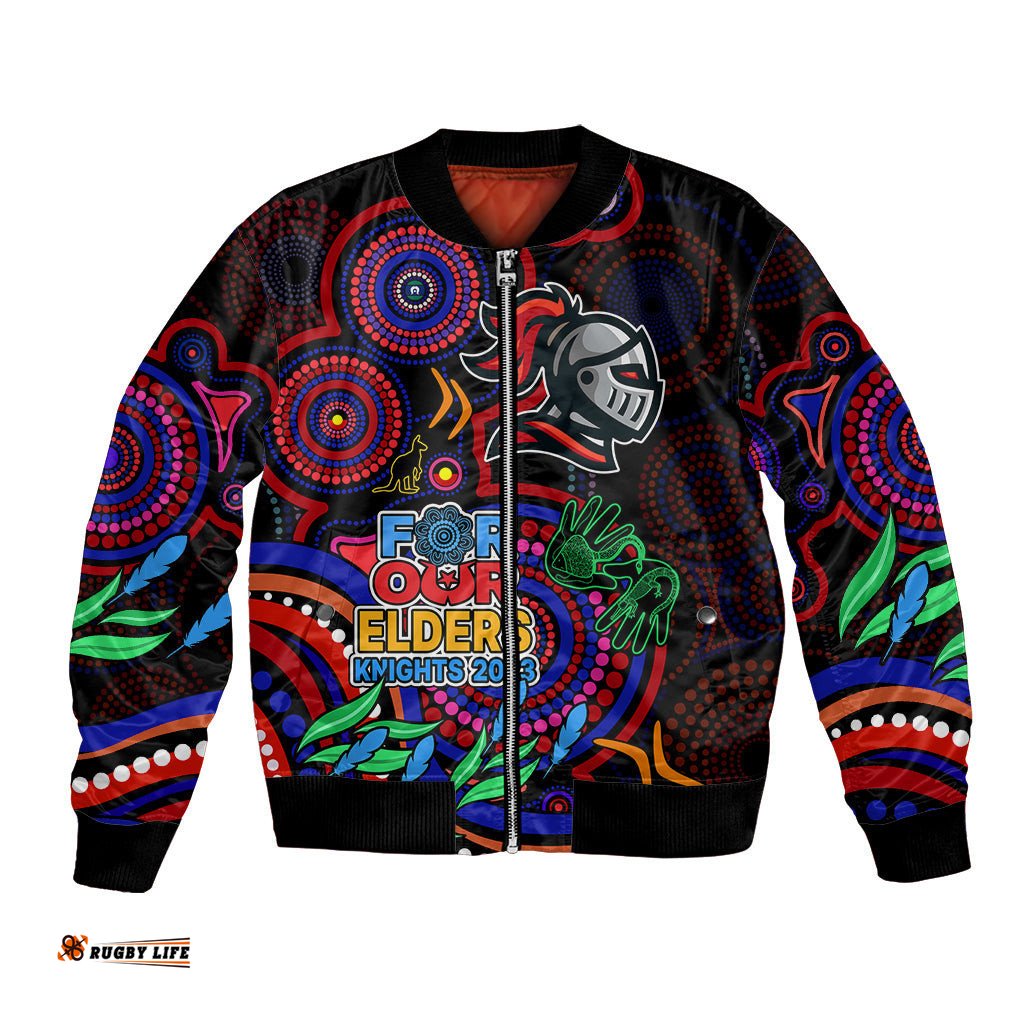 Custom Knights Rugby Aboriginal Art Bomber Jacket NAIDOC Indigenous Tribal