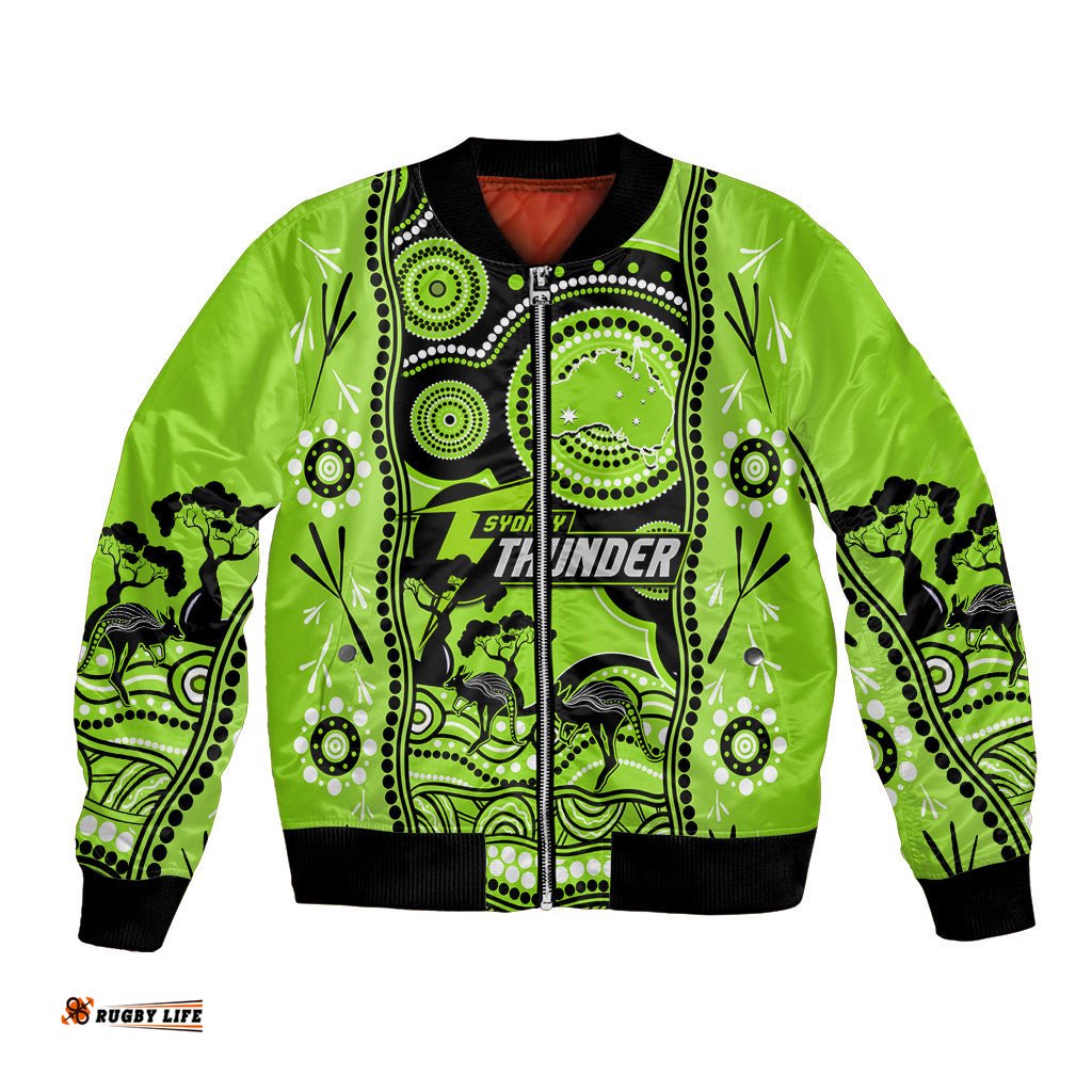 Custom Sydney Thunder Cricket Bomber Jacket Happy Australia Day Aboriginal Art