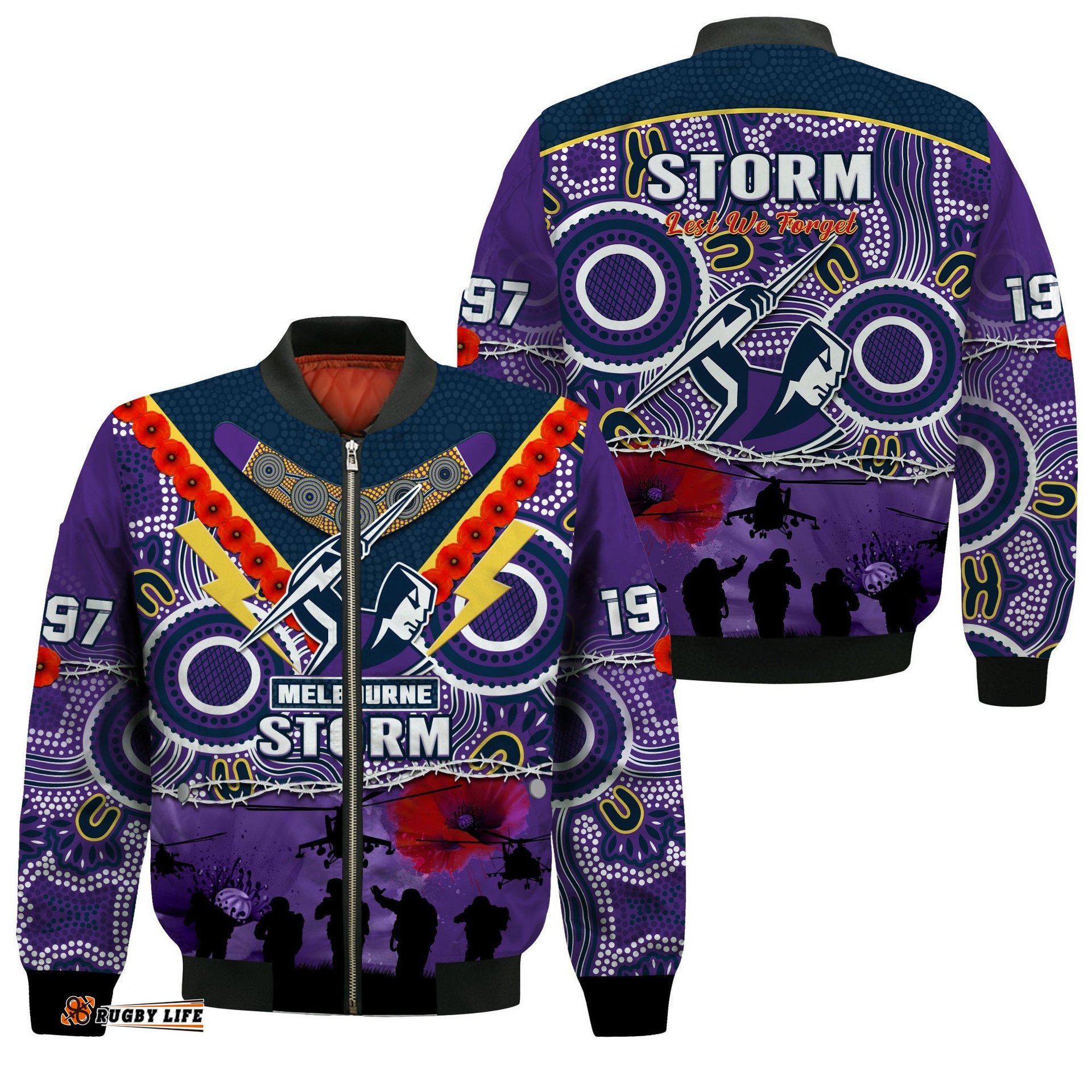 Melbourne Storm Rugby ANZAC Bomber Jacket Indigenous Poppy Australian Army