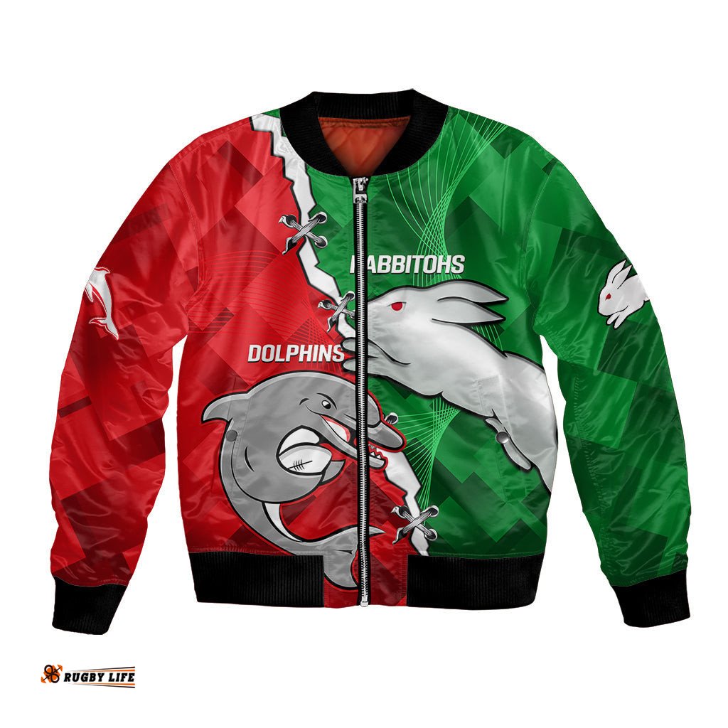 Custom Personalised Rabbitohs Mix Dolphins Rugby Bomber Jacket Sporty Style