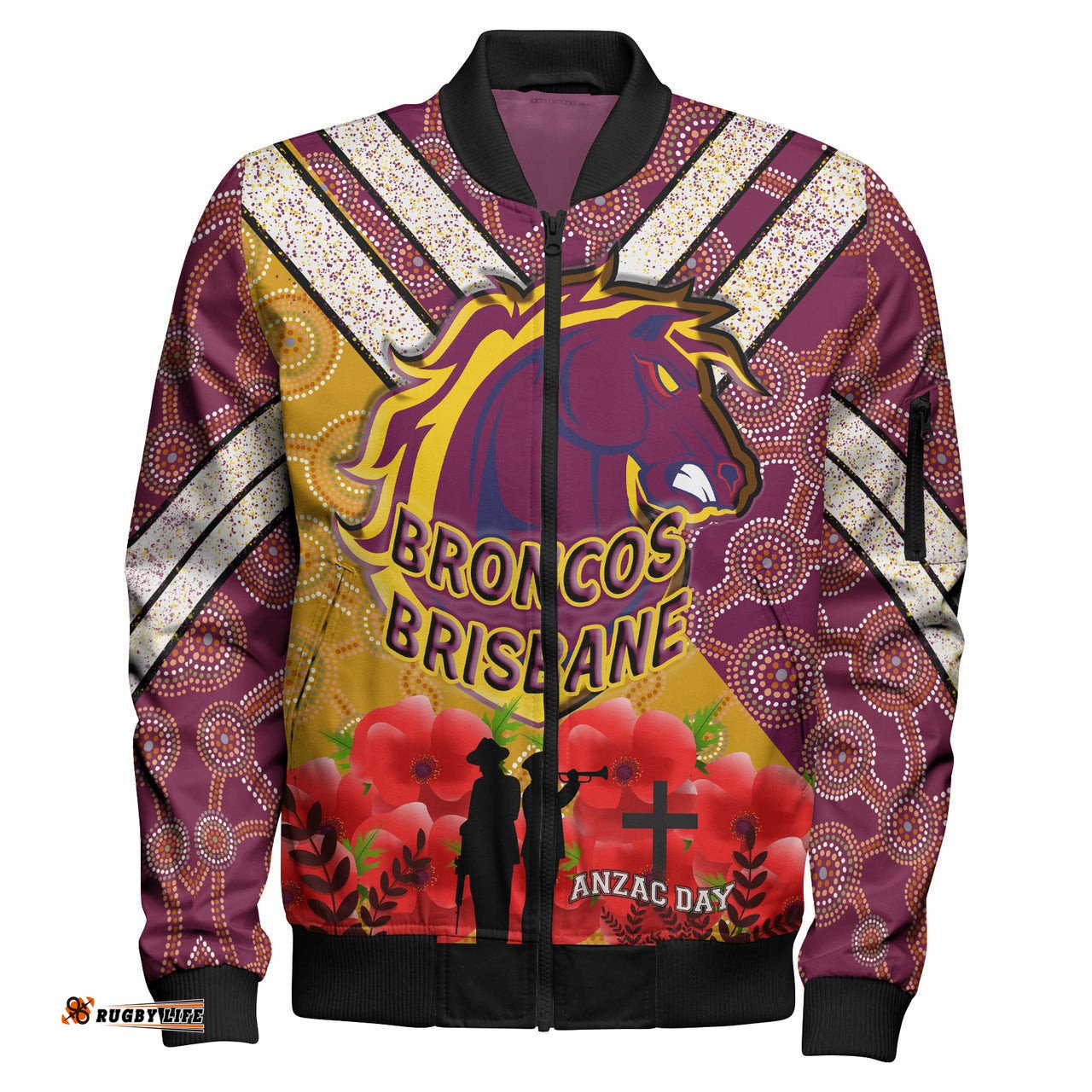 Broncos Rugby Bomber Jacket- Aboriginal And Anzac Day With Poppy Flower Patterns Bomber Jacket