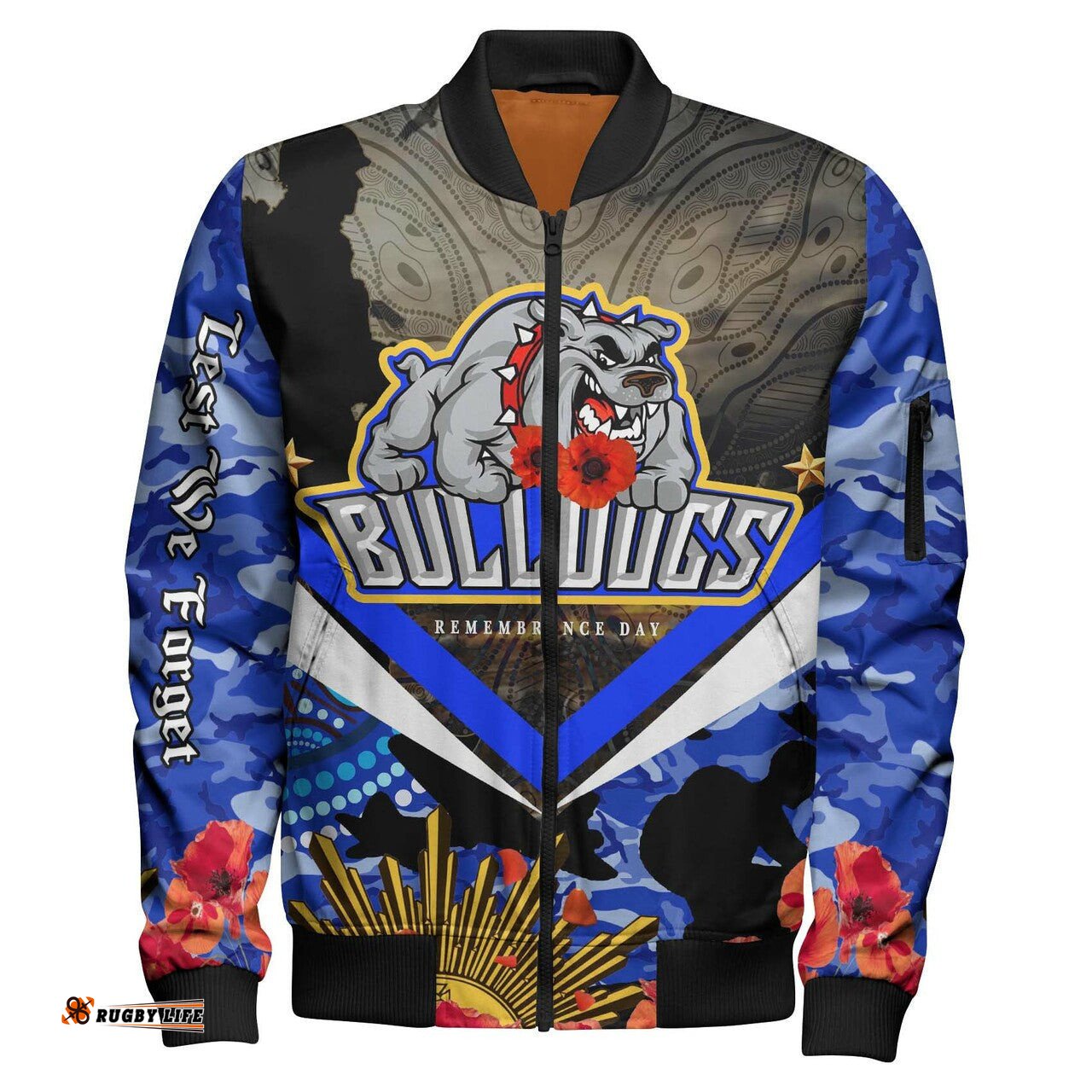 Bulldogs Rugby Anzac Aboriginal Bomber Jacket - Poppy Flower Remembrance Day Bomber Jacket