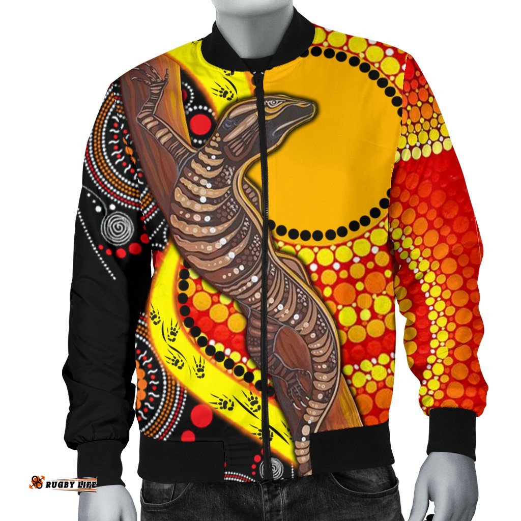 Men's Bomber Jacket - Australian Aboriginal Dot Painting Sun and Lizard