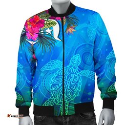 Men Bomber Jacket - Torres Strait Blue Sea With Hibiscus