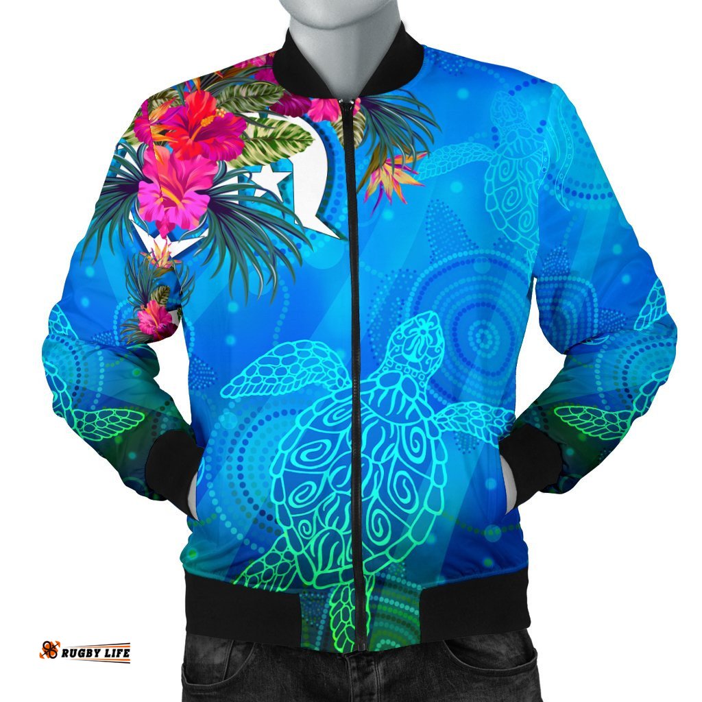Men Bomber Jacket - Torres Strait Blue Sea With Hibiscus