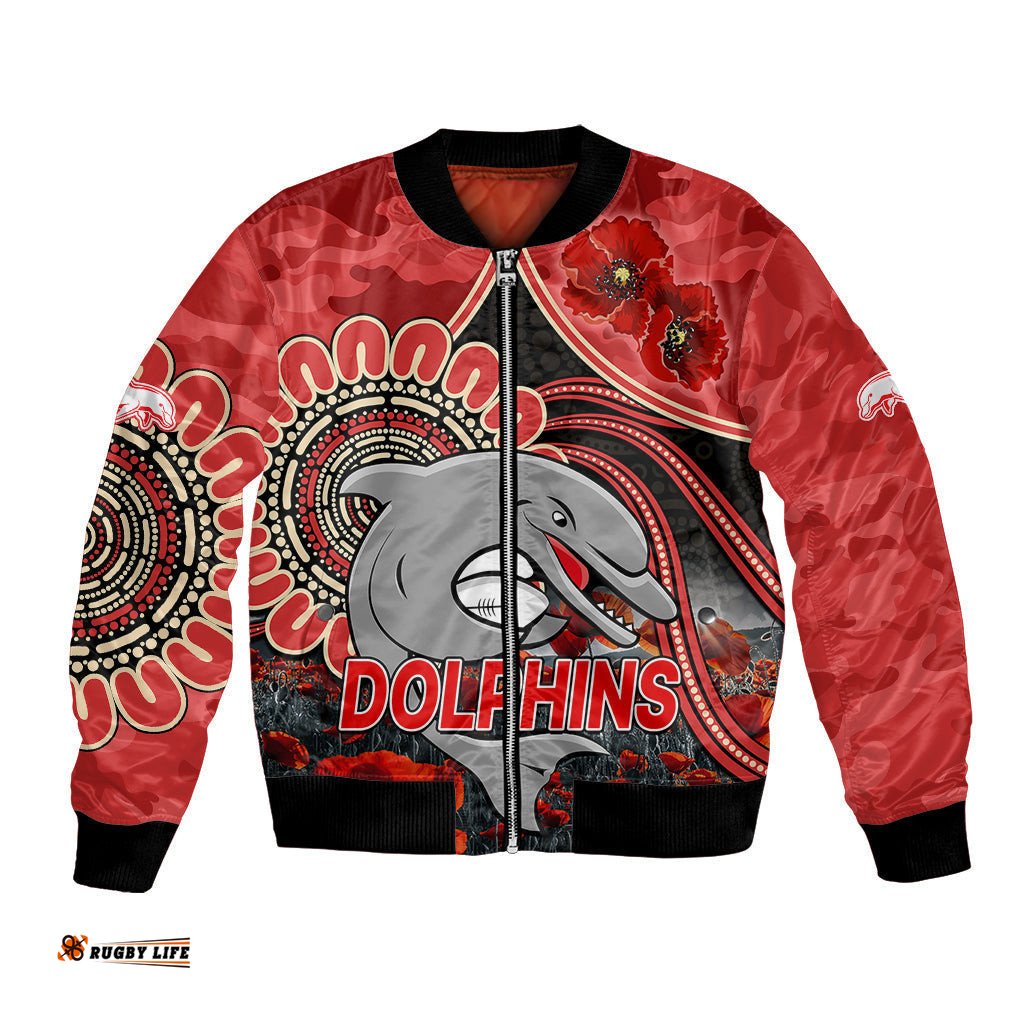Custom Personalised NRL ANZAC Redcliffe Dolphins Poppy Flowers Bomber Jacket