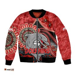 Custom Personalised NRL ANZAC Redcliffe Dolphins Poppy Flowers Bomber Jacket