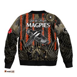 ANZAC Collingwood Football Bomber Jacket Proud To Be Magpies Poppy Flowers and Aboriginal Version