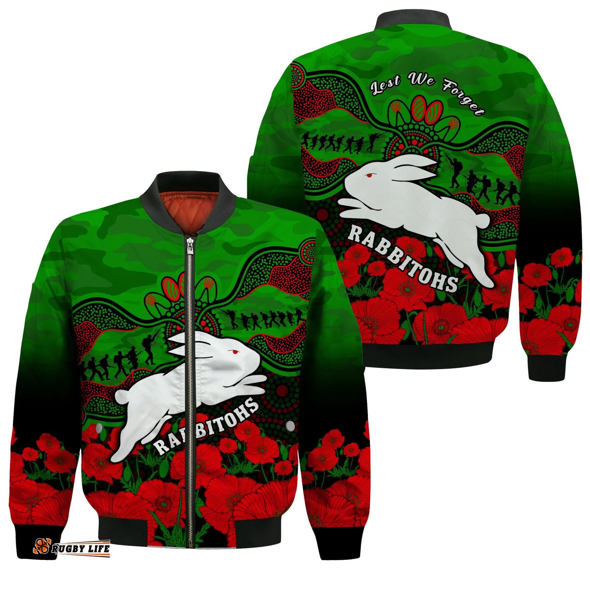 Rabbitohs Rugby ANZAC Bomber Jacket South Sydney Camouflage Poppy Aboriginal