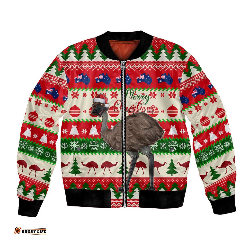 Australia Christmas Bomber Jacket Aussie Emu Santa Merry Xmas