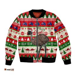 Australia Christmas Bomber Jacket Aussie Emu Santa Merry Xmas