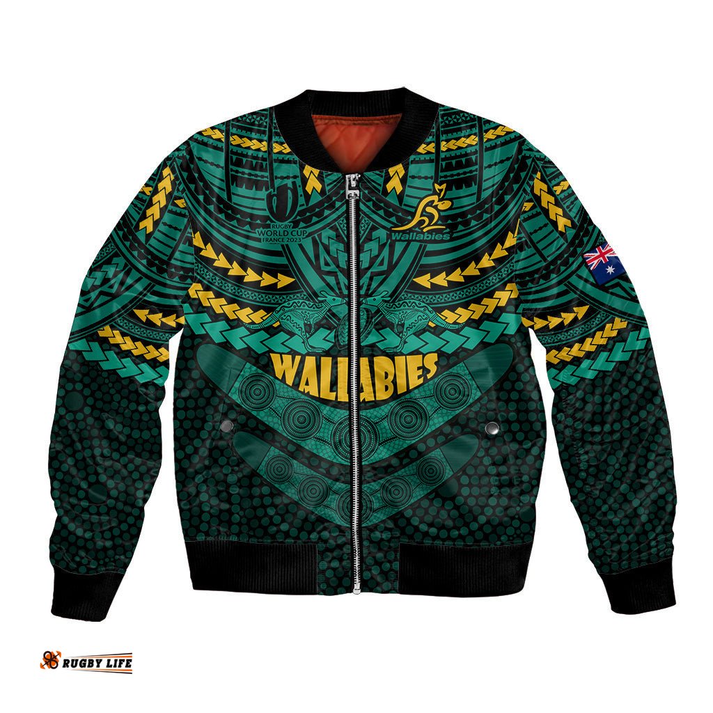 Custom Wallabies Rugby Bomber Jacket Polynesian and Aboriginal Special Green Version