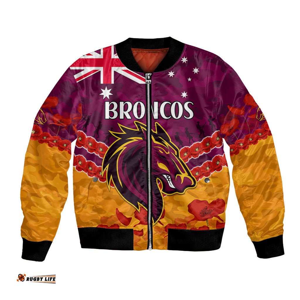 Custom Text And Number Broncos Rugby ANZAC Bomber Jacket Lest We Forget