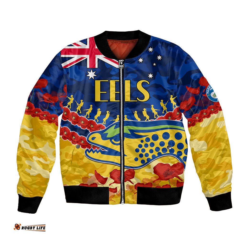 Custom Text And Number Eels Rugby ANZAC Bomber Jacket Lest We Forget