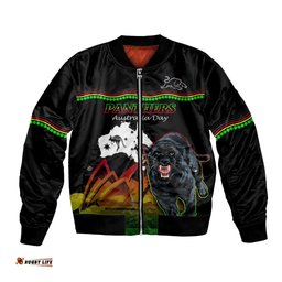Custom Australia Day Panthers Bomber Jacket NRL 2024 Sydney Opera House With Map - Black