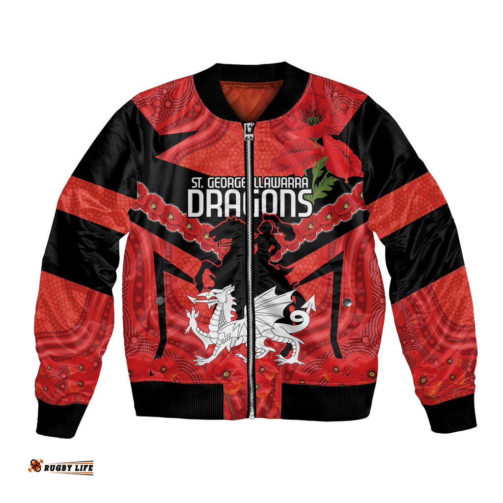 Custom Dragons Rugby ANZAC Bomber Jacket Gallipoli Soldier With Aboriginal Art