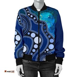 Aboriginal Women's Bomber Jacket - Australia Indigenous Flag Circle Dot Painting Art Blue