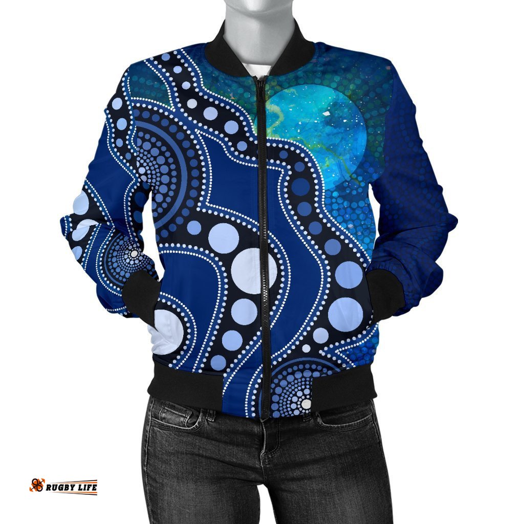 Aboriginal Women's Bomber Jacket - Australia Indigenous Flag Circle Dot Painting Art Blue