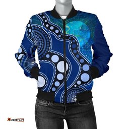 Aboriginal Women's Bomber Jacket - Australia Indigenous Flag Circle Dot Painting Art Blue