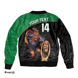 Custom Warriors Rugby Bomber Jacket Go Champions Aotearoa Mascot With Polynesian Maori Pattern