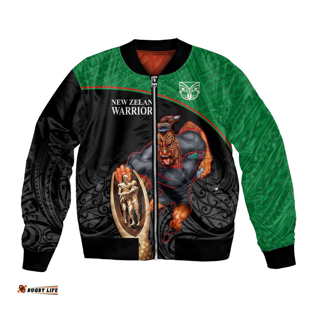 Custom Warriors Rugby Bomber Jacket Go Champions Aotearoa Mascot With Polynesian Maori Pattern