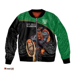 Custom Warriors Rugby Bomber Jacket Go Champions Aotearoa Mascot With Polynesian Maori Pattern