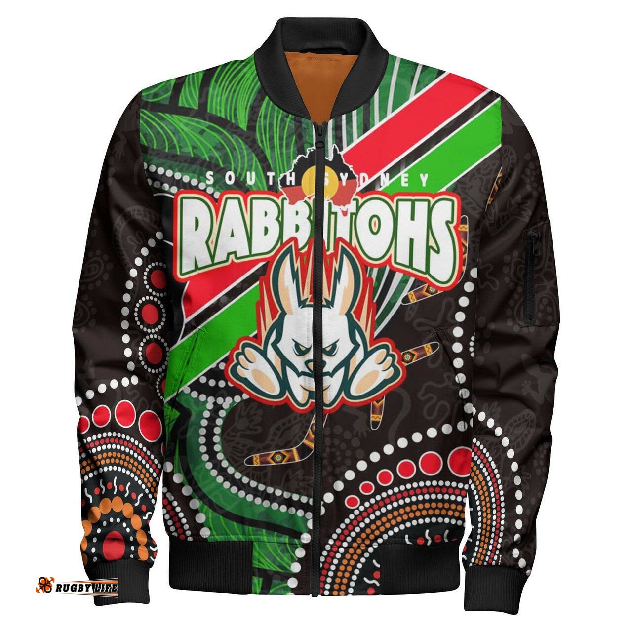 Rabbitohs Rugby Anzac Aboriginal Bomber Jacket - Rabbitohs Remembrance Day with Poppy Flower Bomber Jacket