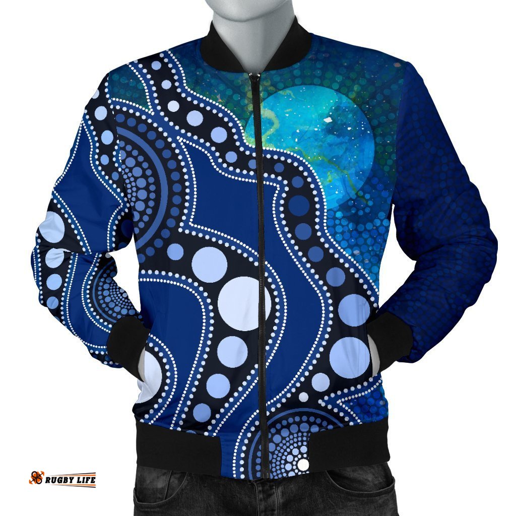 Aboriginal Men's Bomber Jacket - Australia Indigenous Flag Circle Dot Painting Art Blue
