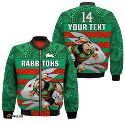 Custom Text And Number Rabbitohs Rugby Bomber Jacket Aboriginal Dot Painting Glory Glory Sporty Style