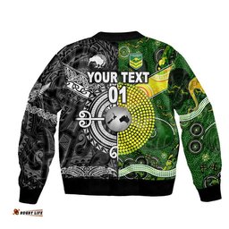 Custom Personalised New Zealand Maori All Black And Australia Kangaroos Aboriginal Bomber Jacket Rugby Together