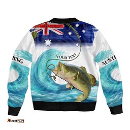 Personalised Australia Fishing Bomber Jacket Barramundi With Ocean Waves Flag Grunge Style