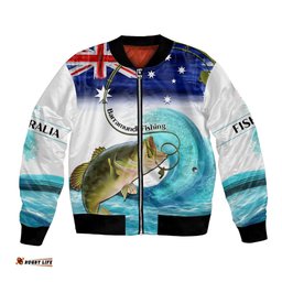 Personalised Australia Fishing Bomber Jacket Barramundi With Ocean Waves Flag Grunge Style